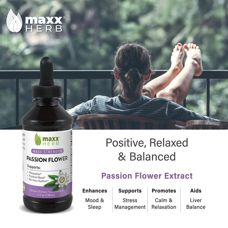 Maxx Herb Passion Flower Extract - Max Strength, Passion-Flower Liquid Absorbs Better Than Capsules, for Relaxation and Stress Relief, Alcohol-Free - 4 Oz Bottle (60 Servings) 4 Fl Oz (Pack of 1) - NewNest Australia