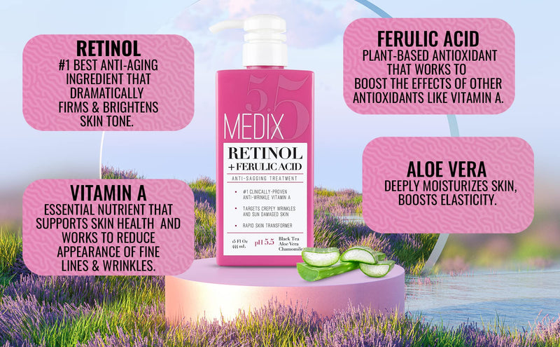 Medix 5.5 Retinol Cream with Ferulic Acid Anti-Sagging Treatment. Targets Crepey Wrinkles and Sun Damaged Skin. Anti-Aging Cream Infused With Black Tea, Aloe Vera, And Chamomile (15oz) - NewNest Australia