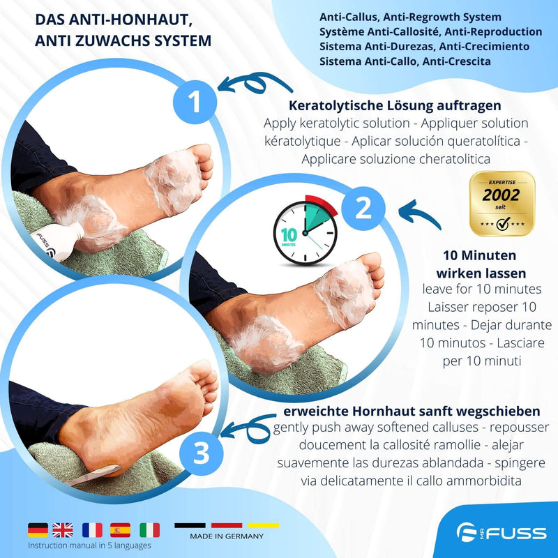 Mr. Fuss® No. 1 - Plus Pack Steel - Small, cuticle callus remover economy package 3 pieces. Active solution, quick & strong emollient - 200 ml, cotton wool, stainless steel scraper - NewNest Australia