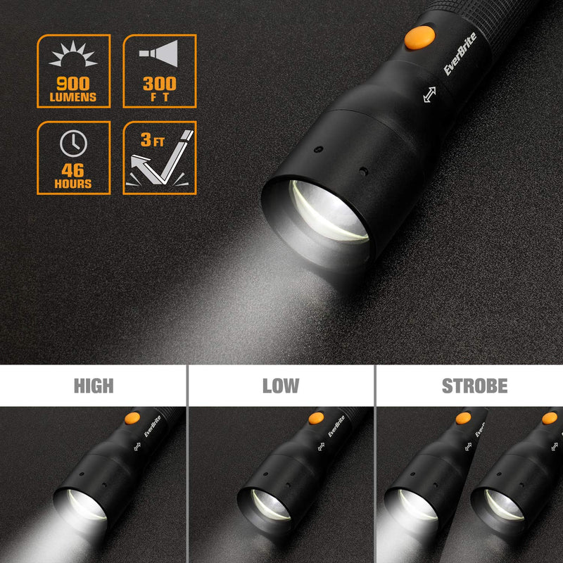 EverBrite Ultra Bright Tactical Flashlight, 900 Lumen Zoomable Adjustable Focus, 3 Light Modes, Heavy-duty Aluminum Torch for Hurricane Supplies Camping, Includes 3C Alkaline Batteries - NewNest Australia