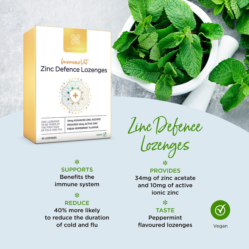 Healthspan ImmunoVit Zinc Defence Lozenges (45 Lozenges) | All Year-Round Immunity Support | Cold & Flu | Providing 10mg Ionic Zinc (100% NRV) | Peppermint Flavoured | Vegan - NewNest Australia