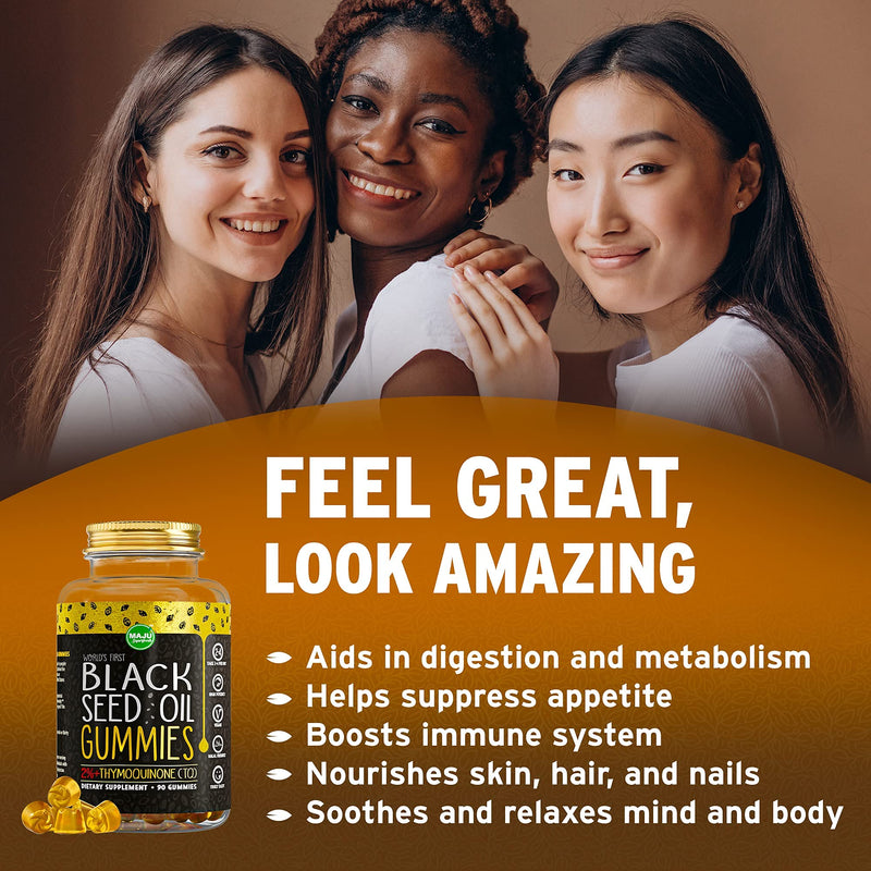 MAJU's Black Seed Oil Gummies - World's First Gummy w/ 2%+ Thymoquinone, Black Cumin Seed Nigella Sativa Oil, Cold-Pressed, Potent Formula with Cinnamon Extract, No Aftertaste - 500mg (90ct) - NewNest Australia