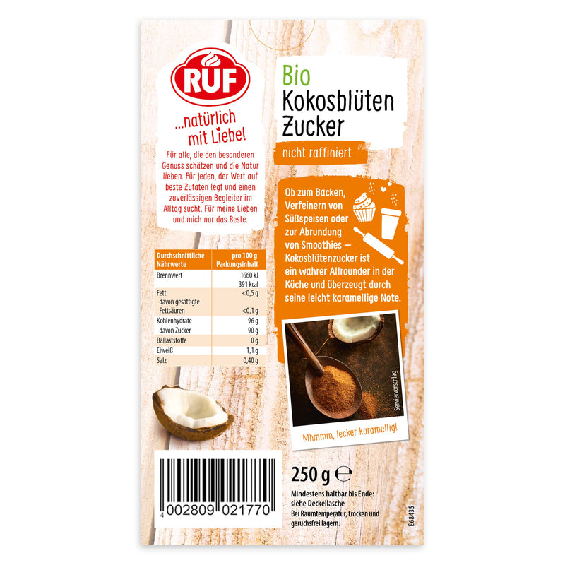 RUF organic coconut blossom sugar, natural sweetener, unrefined, vegan & FAIRTRADE, perfect sugar substitute for baking with a caramel note, 1 x 250g coconut blossom sugar - NewNest Australia