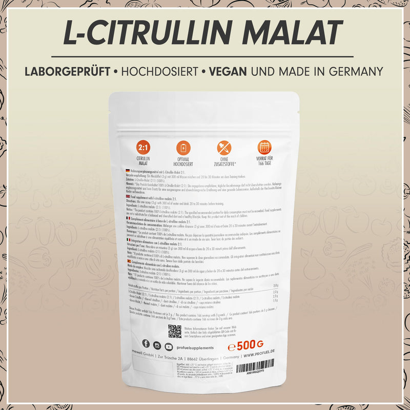 L-Citrulline Malate 2:1 Powder 500 G, Optimal High Dosage, Perfect Solubility, Ideal As A Supplement Before Training (Pre-Workout), Highest Purity, Laboratory Tested, No Additives, 100% Vegan - NewNest Australia