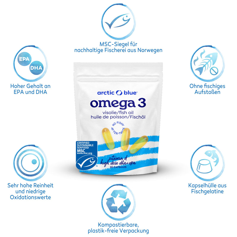 Arctic Blue fish oil capsules with vitamin D - high dosage with 550 mg DHA and 275 mg EPA - awarded with MSC seal for sustainable fishing - pure Alaska pollock oil - NewNest Australia