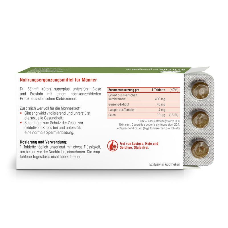 Dr. Böhm pumpkin superplus, 30 tablets: nutritional supplement to support the bladder, prostate and virility, with pumpkin extract, ginseng and selenium - NewNest Australia