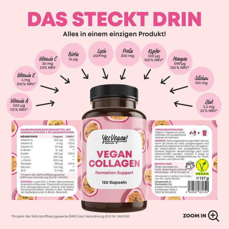 Vegan Collagen (120 Capsules) With Amino Acids, Vitamin Ace, Biotin, Silicon, Zinc And Manganese, Vegetable Alternative To Collagen Powder, Collagen Vegan (1 X 120 Capsules) - NewNest Australia