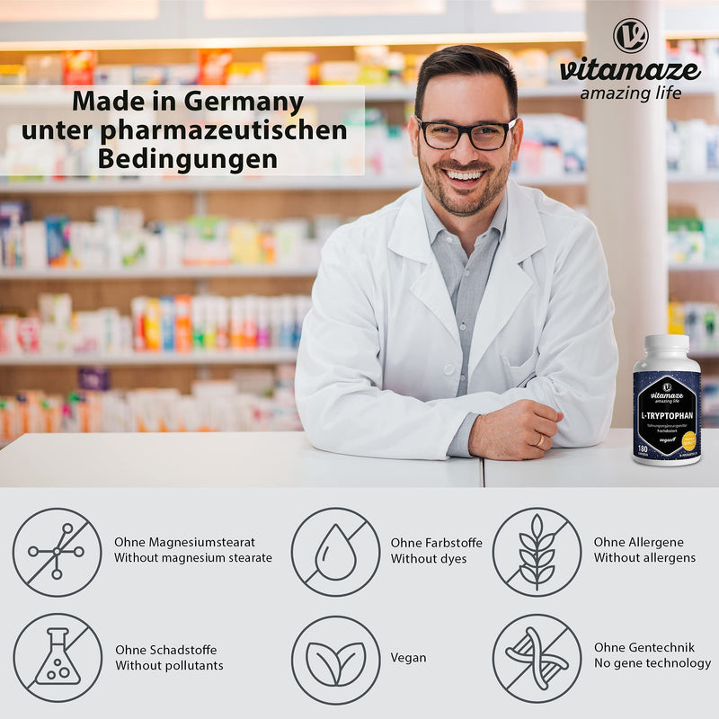 L-Tryptophan High Dose, Vegan, 500 Mg Powder Per Capsule, 180 Capsules For 6 Months, Pure Essential Amino Acid, Naturally Fermented, Dietary Supplement Without Additives, Made In Germany - NewNest Australia