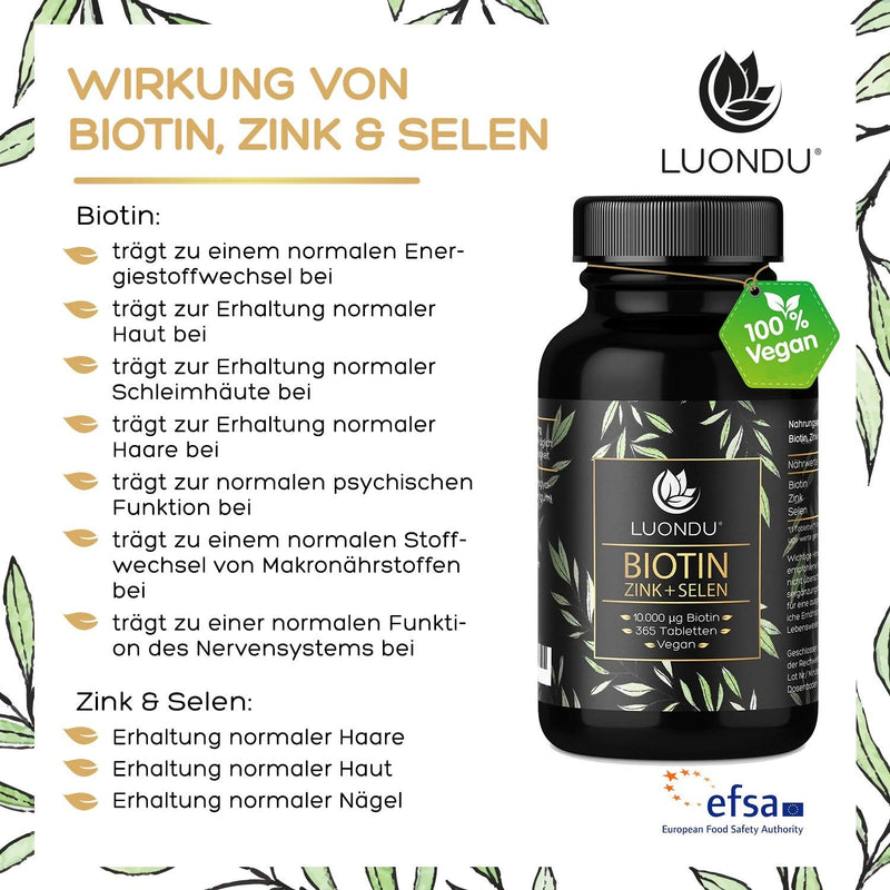 Biotin high dose - 10,000 mcg per tablet (365 vegan tablets 1 year) - Biotin Zinc Selenium Complex - Biotin for hair, skin and nails - NewNest Australia