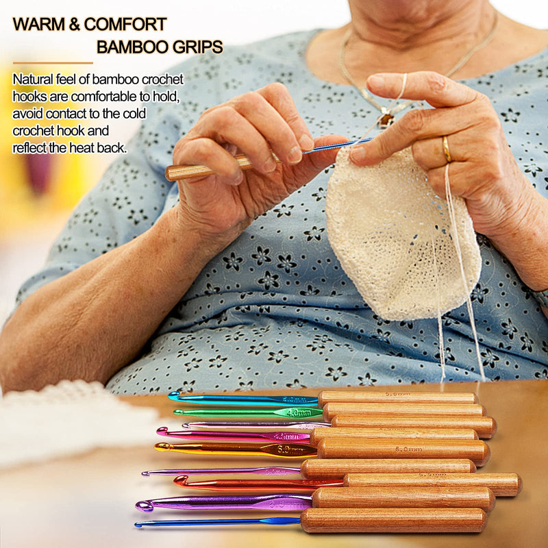 Coopay Bamboo Crochet Hooks Comfort Grip, 6.7" Crochet Kit Longer Aluminum Shaft Crochet Needles for Crocheting, Ergonomic Knitting Hooks Set for Crochet Yarn Craft, Premium Knitting Crochet Supplies - NewNest Australia