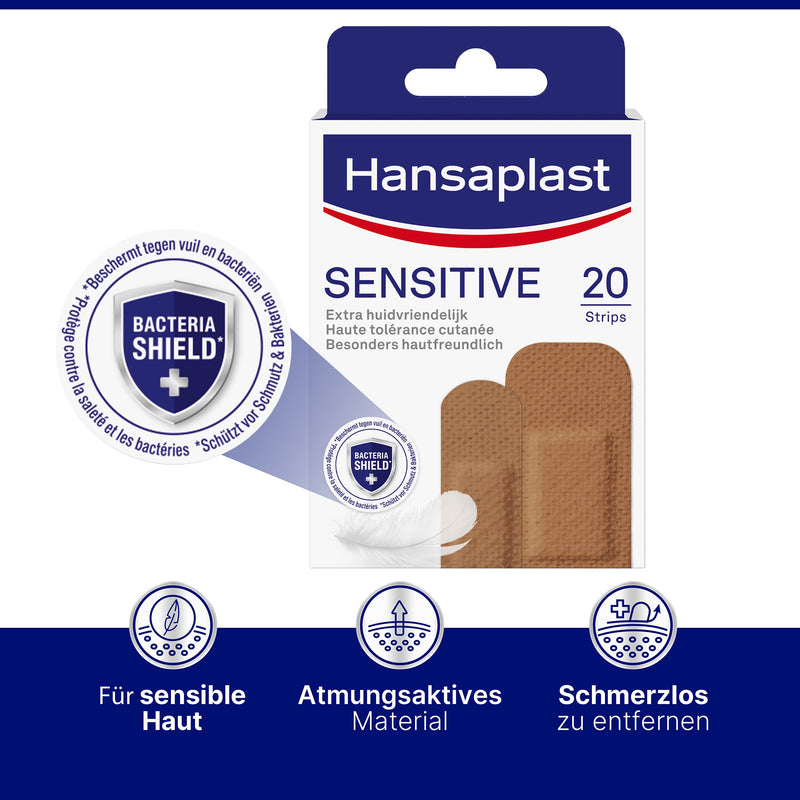 Hansaplast Sensitive Skin Plasters, Medium, Pack Of 20, Skin-Friendly And Hypoallergenic Wound Plasters With Bacteria Shield, Secure Adhesion, Painless To Remove - NewNest Australia