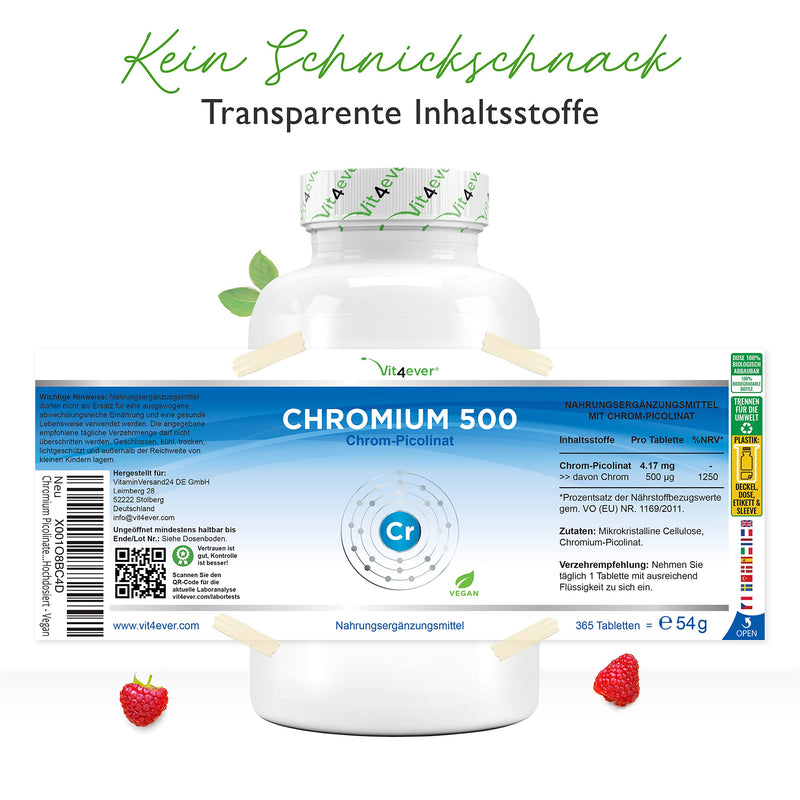 Chromium from Chromium Picolinate - Extra high dose 500 mcg Chromium per tablet - 365 tablets - Laboratory tested - No unwanted additives - High dose - Vegan 365 pieces (500 mcg) - NewNest Australia