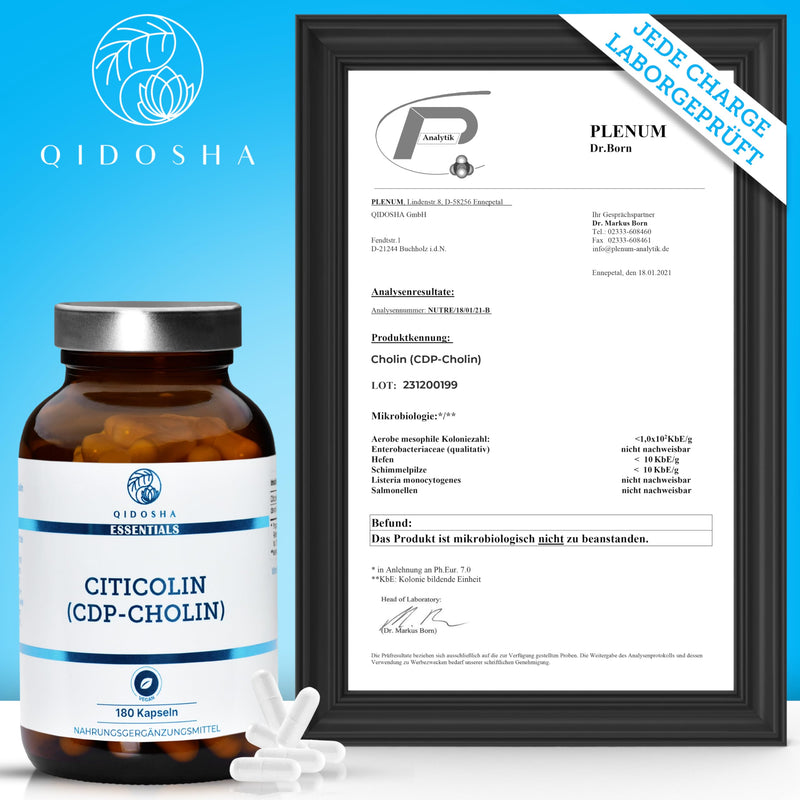 QIDOSHA® CDP Choline (Citicoline) capsules high dosage, 180 capsules in a pharmacist jar, full 250mg Citicoline/CDP Choline per capsule, vegan, laboratory tested, German production, Citicoline CDP Choline 250mg - NewNest Australia