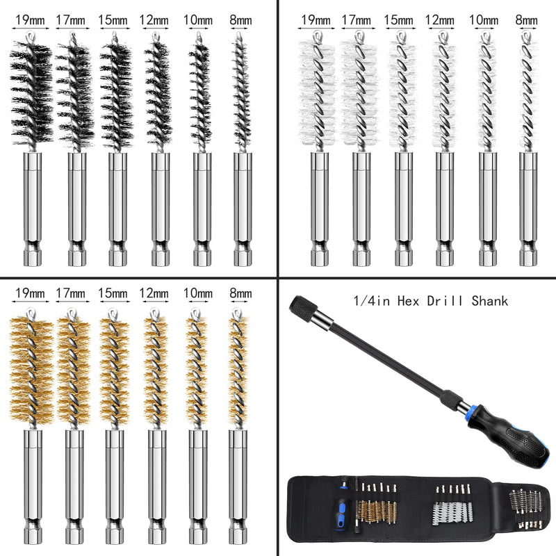 Auto Wire Brush 18-Pack Bore Brush Set Variety of Size Stainless Steel, Brass, Nylon Twisted for Cleaning Rust, 1/4in Hex Drill Shank for Power Drill Impact Driver with Handle, Extension Bar, Tool Bag - NewNest Australia