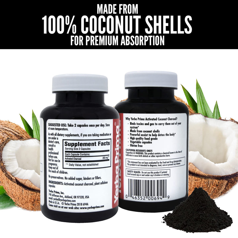 Yerba Prima Activated Coconut Charcoal, 60 Capsules - Natural Detox Cleanse - Vegetarian, Vegan, Gluten Free, Non GMO - NewNest Australia