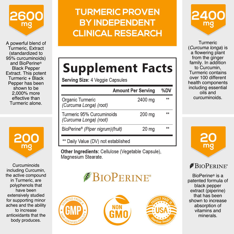 Turmeric Curcumin with Bioperine 95% Curcuminoids 2600mg with Black Pepper for Best Absorption, Made in USA, Best Vegan Joint Support, Turmeric Supplement Pills by Natures Nutrition - 60 Capsules 60 Count (Pack of 1) - NewNest Australia
