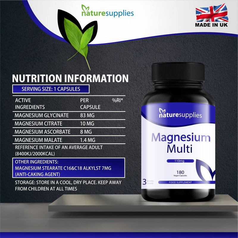 Naturesupplies Magnesium Multi Capsules 180 Pack Made in UK, High Absorption 4 Magnesium Powders in One Capsule, Citrate, Malate, Ascorbate & Bis-Glycinate - NewNest Australia