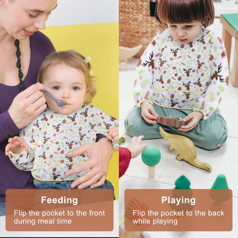 Accmor 3 Pcs Long Sleeve Bibs, Waterproof Baby Bibs, Toddler Sleeved Bib, Baby Smock for Eating Feeding, 6-24 Months Yellow Elk/Blue Dinosaur/Orange Pig Medium : 6-24 Months - NewNest Australia