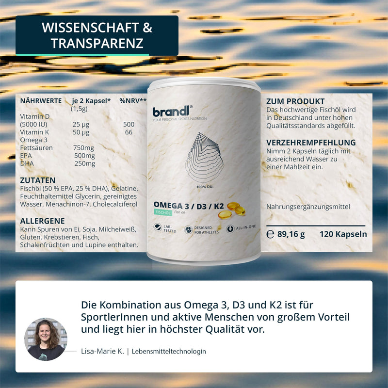 Vitamin D3 K2 Omega 3 Premium Capsules | brandl® Made in Germany with fish oil Omega 3 from the EU | Optimized for athletes | 120 capsules 120 pieces (pack of 1) - NewNest Australia