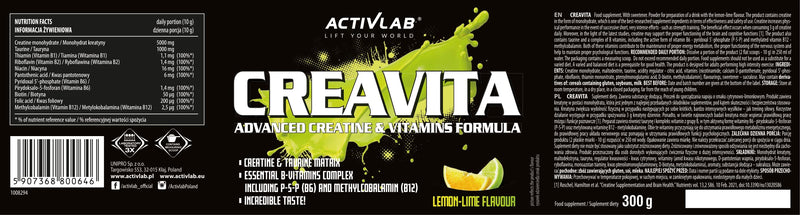 Activlab CREAVITA 300g | 30 servings | Lemon-lime flavor | Creatine, taurine, B vitamins | Strength increase | powder | Tested 3x in the laboratory | Matrix for bodybuilding | Incl. measuring cup lemon-lime 30 portions (pack of 1) - NewNest Australia