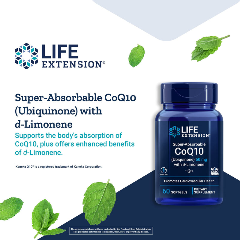 Life Extension Super-Absorbable CoQ10 (Ubiquinone) 50 mg with d-Limonene Heart Health Support Supplement - Promotes Healthy Brain Function & Energy Production - Non-GMO, Gluten Free - 60 Softgels - NewNest Australia