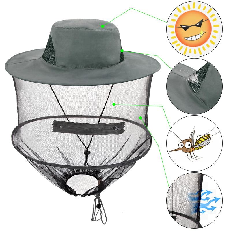 Mbsomnus Mosquito Head Net Hat Grey Sun Hat with Netting-Midgie Face Cover Mask Midge Hat Safari Hat Quick Dry Wide Brim Sun Protection for Outdoor Hiking Camping Gardening Fishing One Size - NewNest Australia
