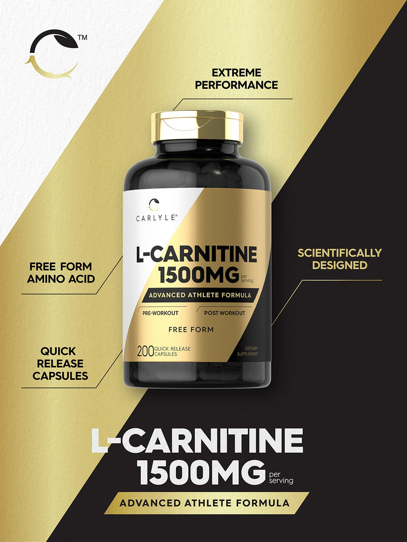 L-Carnitine 1500mg | 200 Capsules | Advanced Athlete Formula | Workout Supplement | Non-GMO, Gluten Free | by Carlyle - NewNest Australia