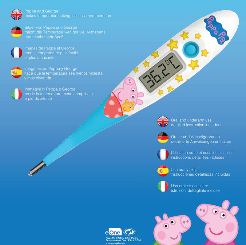 Peppa Pig Digital Thermometer | Oral, Underarm use| Large LCD | 10 Second Reading | Fever Alarm | Flexible Tip | Last Temperature Recall | CE Certified | Calms Kids | Made by Jellyworks Peppa Pig - NewNest Australia