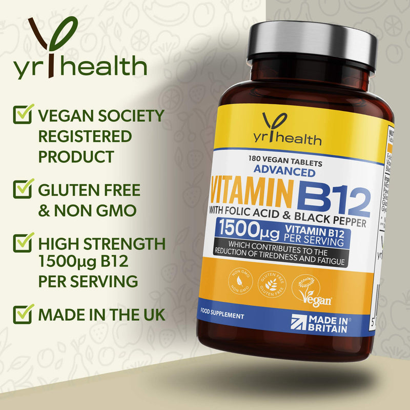 Vegan Vitamin B12 Tablets 1500mcg Methylcobalamin High Strength with Added Folic Acid & Black Pepper - 180 Tablets (6 Month Supply) - Reduction of Tiredness & Fatigue - Made in The UK by YrHealth - NewNest Australia