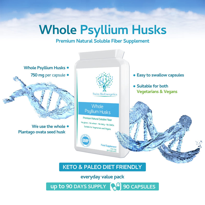 Whole Psyllium Husks 750mg 90 Capsules - Premium Natural Soluble Fiber Supplement - Great for Digestion, Keto Weight Loss Diets, Digestion and complementing a Probiotic Supplement – UK Manufactured - NewNest Australia