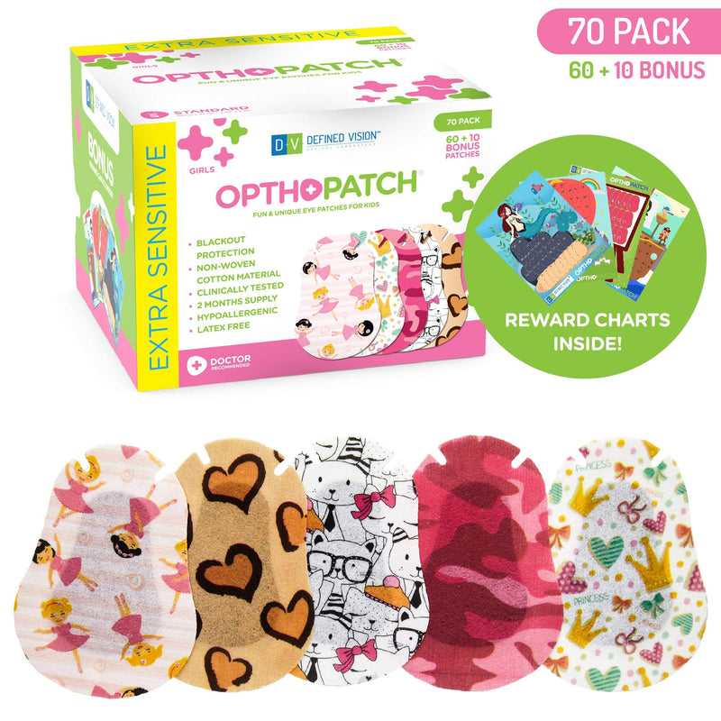 Opthopatch Kids Eye Patches - Fun Girls Design [Series I] - 60 + 10 Bonus Latex Free Hypoallergenic Cotton Adhesive Bandages for Amblyopia and Cross Eye - 3 Reward Chart Posters by Defined Vision - NewNest Australia