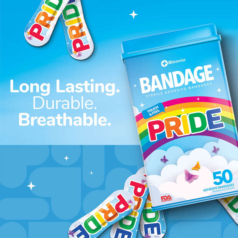 BioSwiss 50pcs Sterile Adhesive Unique Shaped Bandages | Adhesive Sterile LGBTQ+ Rainbow Pride Bandaids in Support of Gay Pride Protect Scrapes and Cuts | Wellness for Everyone | Reusable Tin (Pride) - NewNest Australia