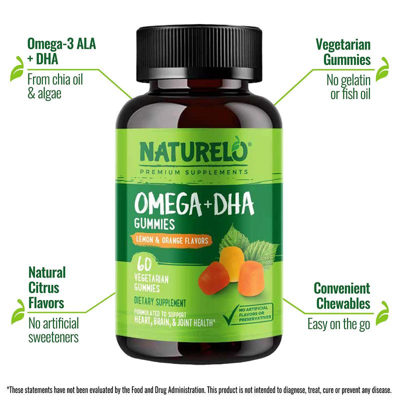 NATURELO Vegan DHA and Omega 3 Supplement from Algae and Chia Seed Oil for Heart, Brain and Joint Health - No Fish, Gelatin, or Artificial Sweeteners - 60 Gummies - NewNest Australia