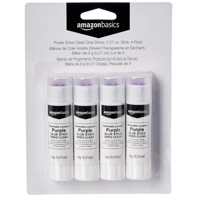 Amazon Basics Purple Washable School Glue Sticks, Dries Clear, 0.21 oz Stick, 4-Pack Small - NewNest Australia