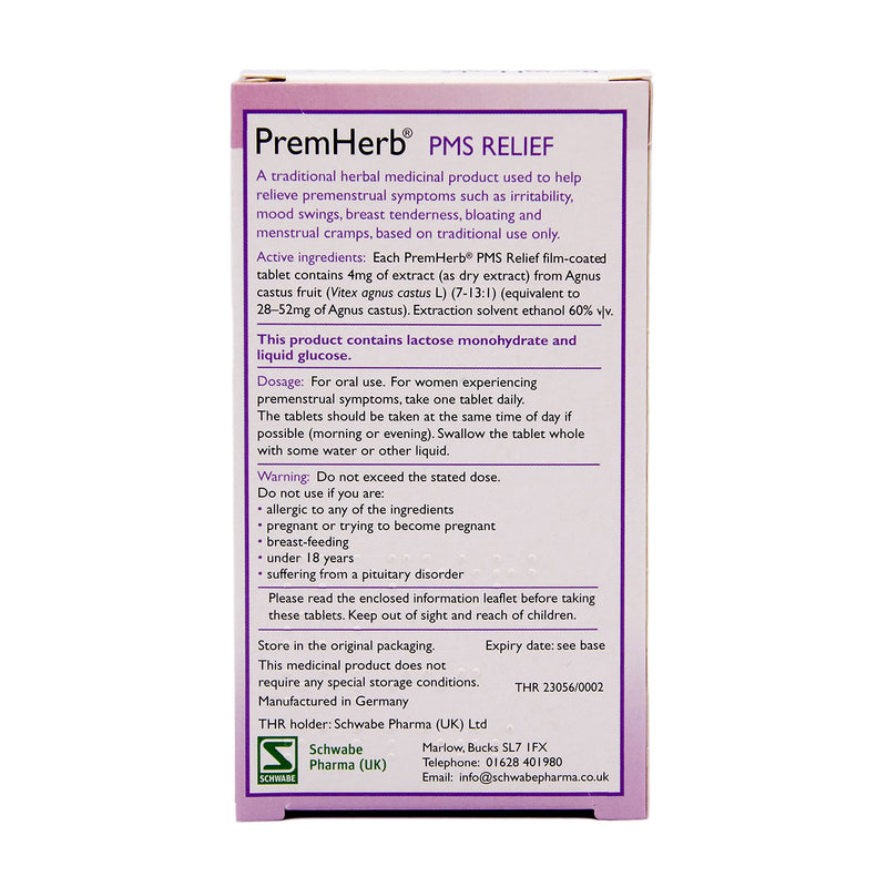 Schwabe Pharma - Premherb PMS Relief - Agnus Castus Fruit Extract 4mg - Traditionally Used for Relief of Breast Tenderness, Mood Swings, Menstrual Cramps, Bloating - 30 Tablets - NewNest Australia
