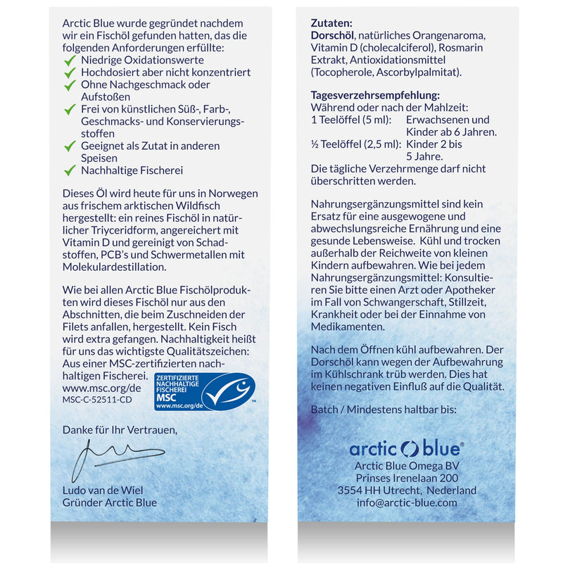 Arctic Blue Omega 3 fish oil - 250 ml liquid - high dose with DHA, EPA and vitamin D - without burping or fishy smell - arctic fish oil - MSC certified - orange flavor 250 ml (pack of 1) - NewNest Australia