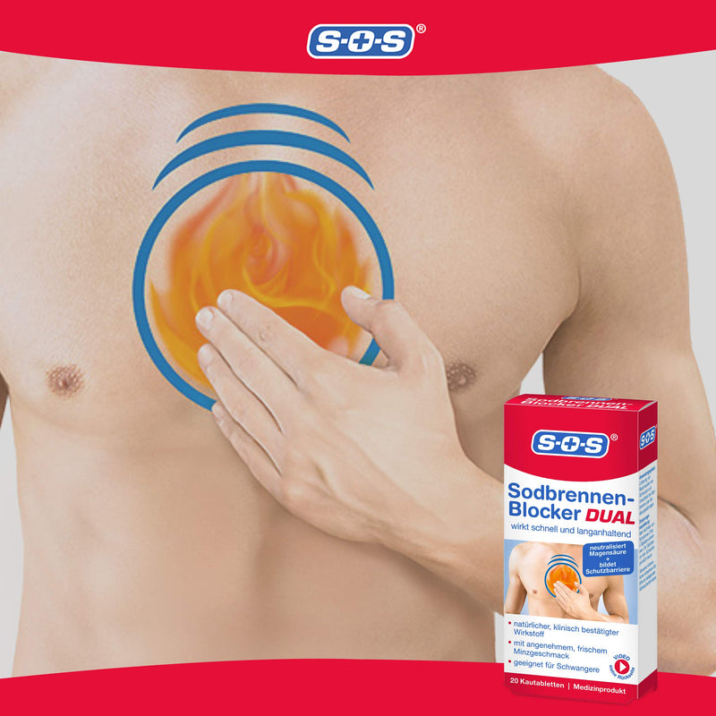 SOS Heartburn Blocker Dual: Heartburn tablets have a quick and long-lasting effect, stomach tablets, 2x 20 chewable tablets, 20 pieces (pack of 2) - NewNest Australia