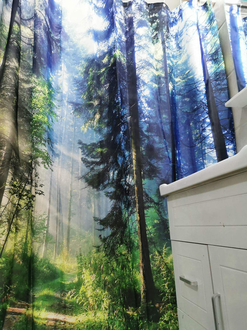 Trees Forest Sunlight Shower Curtain Straight Tall Trees Sunshine Attractive Nature Landscape Waterproof Fabric Bathroom Decor 72x72 Inch Green Plastic Hooks 12 PCS 72L*72W - NewNest Australia