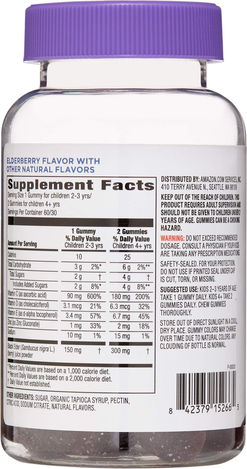 Amazon Brand - Mama Bear, Vegetarian Kids Black Elderberry Gummies 300 mg with Vitamins C, D, E and Zinc - Immune System Support - 60 Gummies (1 to 2 Month Supply), Non-GMO, Gluten Free - NewNest Australia