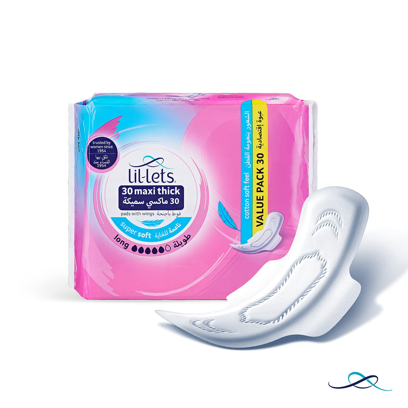 Lil-Lets Maxi Thick Period Pads X 30| Long Absorbency| with Wings | 1 Pack of 30 Maxi Pads |for Medium to Heavy Flow | Unscented | Super Soft Comfort Cover | Super Absorbency Towel - NewNest Australia