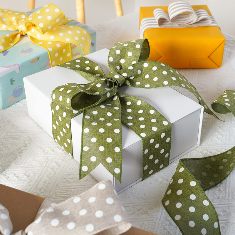 HUIHUANG Polka Dot Burlap Ribbon Wired Edge Ribbon 2.5 Inch X 10 Yards Sage Green and White Polka Dot Wreath Ribbon for Big Bows Spring Summer Wreaths Swags Garland Decoration Gift Wrapping - NewNest Australia