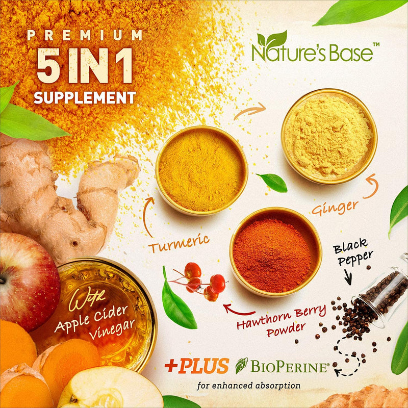Turmeric Curcumin Supplement with Ginger & Apple Cider Vinegar, BioPerine Black Pepper, Tumeric & Ginger, 95% Curcuminoids & Joint Supplement, Antioxidant Tumeric Supplements Capsules, Nature's Base 60 Count (Pack of 1) - NewNest Australia