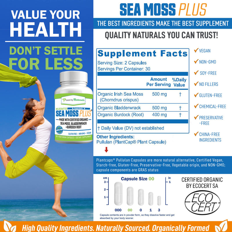 Power By Naturals Certified Organic Sea Moss Plus Supplements with Wildcrafted Irish Sea Moss, Bladderwrack, and Burdock Root, Pure Sea Moss Supplement, Vegan, No Fillers, 60 SeaMoss Powder Capsules - NewNest Australia