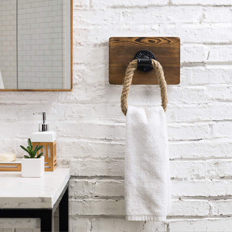 MyGift Dark Brown Rustic Wood & Industrial Pipe Wall Mounted Rope Towel Ring - NewNest Australia