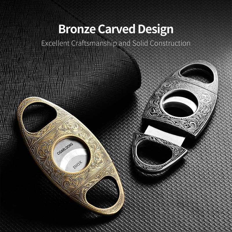 CIGARLOONG Cigar Cutter Stainless Steel Bronze Engraved Double Cut Blade Cigar Guillotine (Black) Black - NewNest Australia