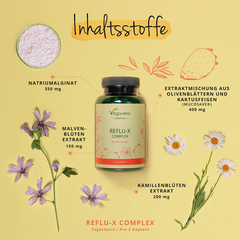 Reflux Complex | Comparison Winner 2023* | 100% Natural | Heartburn | With Mucosave, Olive Leaf Extract, Sodium Alginate & Chamomile | Laboratory Tested | Vegan | German Production By Vegavero - NewNest Australia