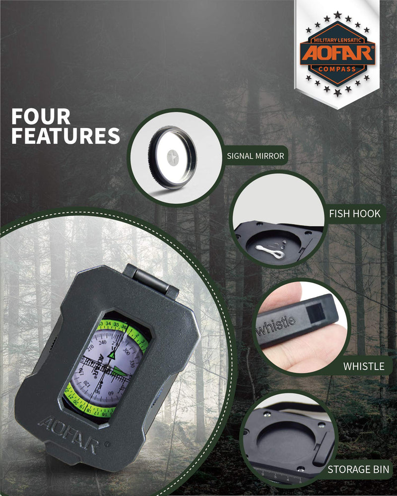 AOFAR Lensatic Sighting Military Compass AF-4090, Aluminum Alloy Material is Lighter, Functional with Signal Mirror Whistle Fishing Hook for Hiking, Camping, Fishing, Mountaineering, Boating, Pouch - NewNest Australia