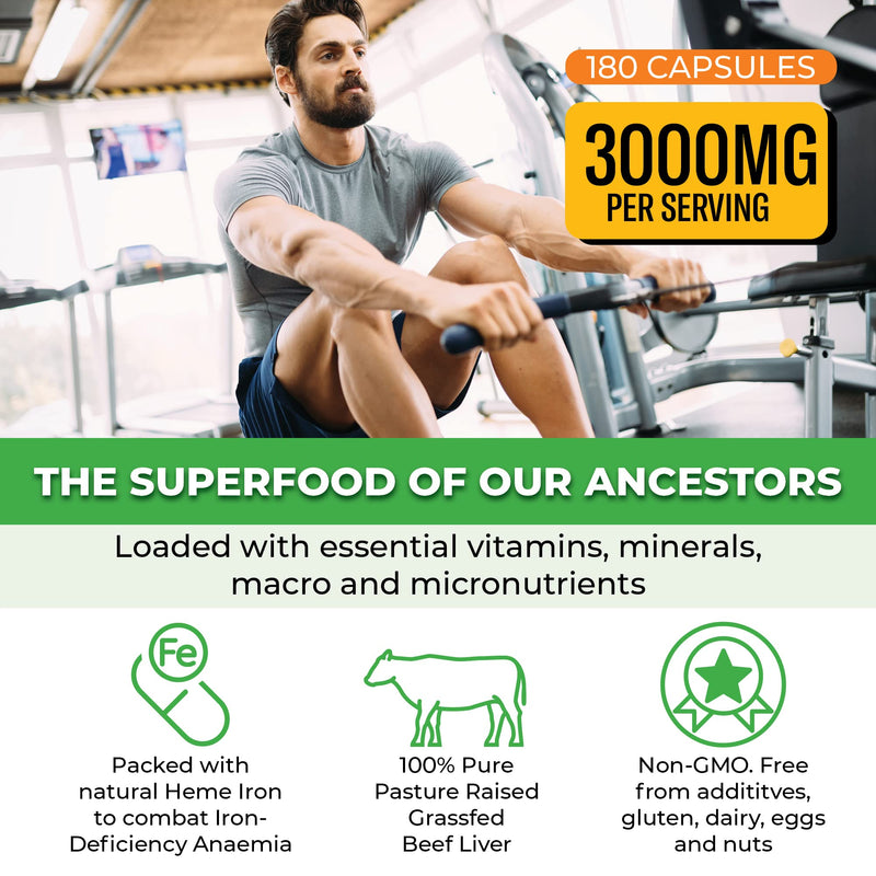 Grass Fed Beef Liver - Grassfed Desiccated Beef Liver Supplement - 750mg per Capsule - Most Bioavailable Natural Heme Iron, Vitamin A, B12 for Energy, CoQ10 - High Absorption Formula (180 Capsules) - NewNest Australia