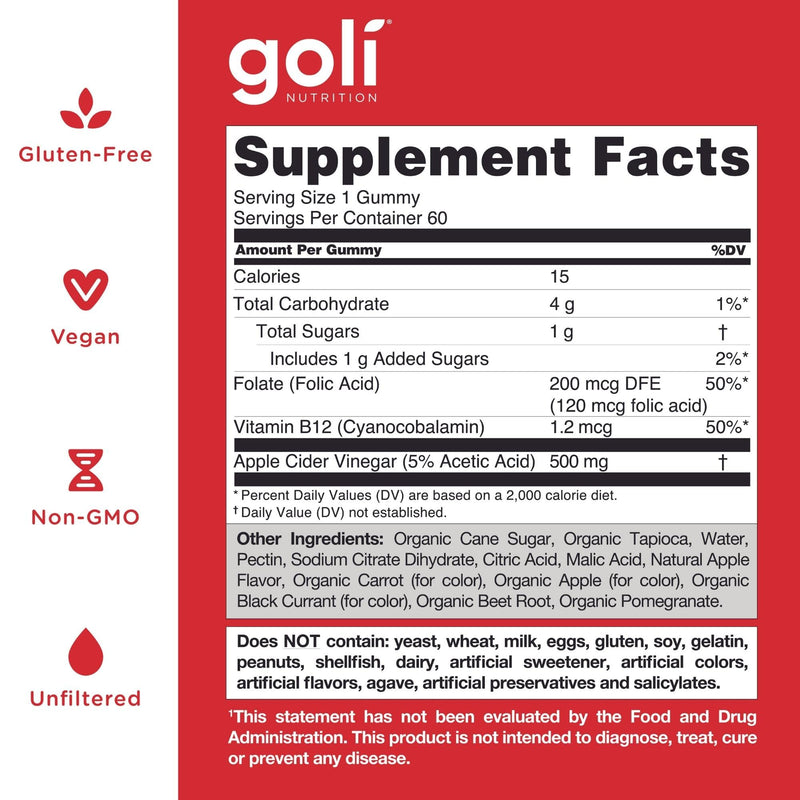 Goli® Apple Cider Vinegar Gummy Vitamins (1 Pack, 60 Count, Gelatin-Free, Gluten-Free, Vegan & Non-GMO Made with Essential Vitamins B9 & B12) 1 - NewNest Australia