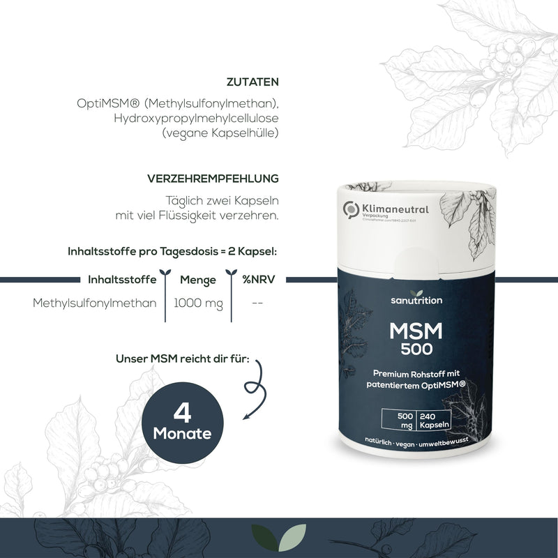 MSM 500 mg per capsule | 240 capsules | High dosage | Organic Sulfur | With branded raw material OptiMSM® with particularly good bioavailability | Vegan | 100% ecological paper packaging - NewNest Australia